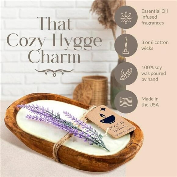 Vanilla Latte Soy Candle 3 Wick Wooden Dough Bowl Farmhouse Scented Decor - Picture 3 of 7